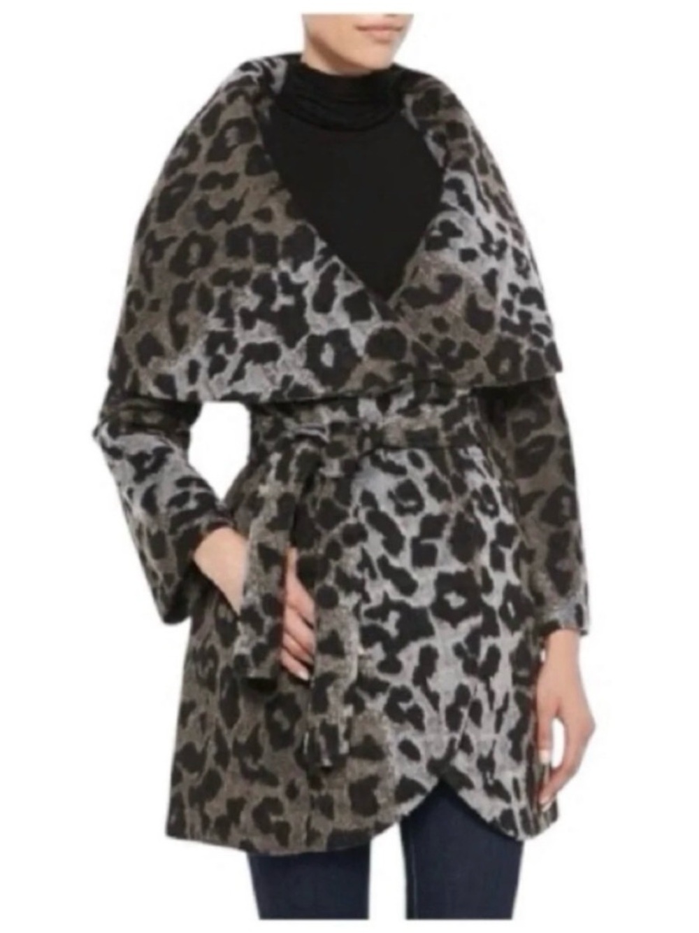 TAHARI Leopard Print Wrap Coat  - Black, Brown and Gray NWT